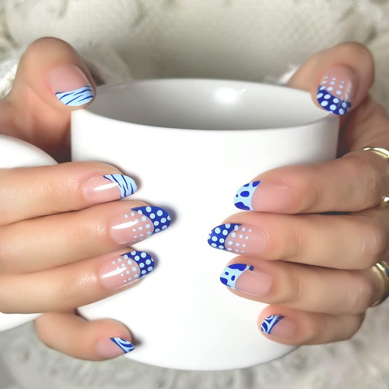 Press On Nails Set - 24 Pcs Almond & Square Fake Nails with Glue, Adhesive Tabs & File | Medium Size for Women, Girls & Kids