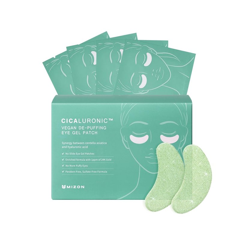 MIZON Cicaluronic Vegan De-puffing Eye Gel Patch, 24K Gold & Cica Under Eye Mask, Reduces Puffy Eyes, Dark Circles and Wrinkles Excellent for on the Go Package (21 pairs)