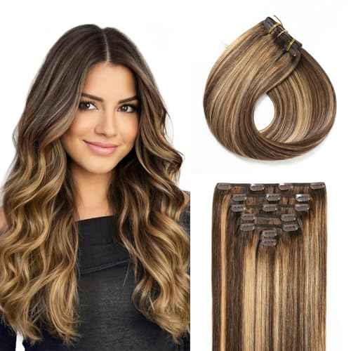 Missme Clip In Hair Extensions Real Human Hair,16in 110g 7pcs Balayage Chocolate Brown To Caramel Blonde Invisible Straight Seamless Clip Ins Hair Extensions For Women