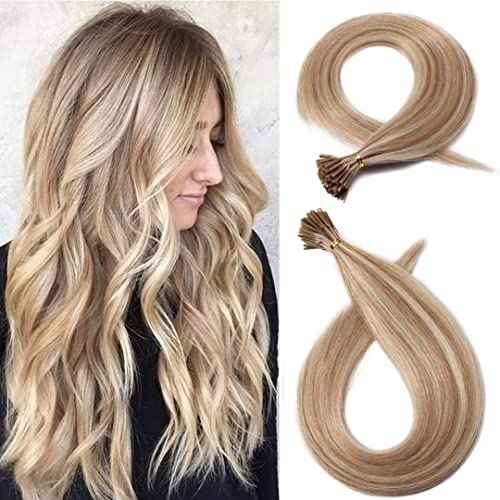 I Tip Remy Human Hair Extensions Cold Fusion Hair Piece Pre Bonded Keratin Stick In Hair Extensions Long Straight #18/613 Golden Brown Highlighted Bleach Blonde Hairpieces 100 Strands 100g 24"
