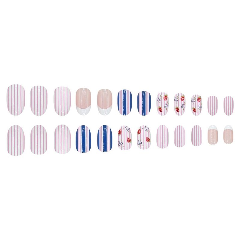Blueberry Medium Oval Press-On Nails - Summer White French Tip with Striped Designs | 24 Pcs Reusable Full Cover Set