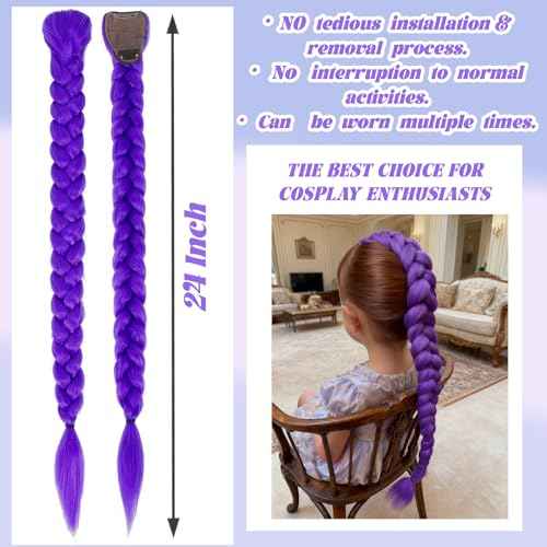 24 Inch Long Purple Braid Ponytail Extensions Pre Stretched Purple Hair Extensions for Braids Easy Clip in Ponytail for Cosplay Halloween Costume(24 Inch)