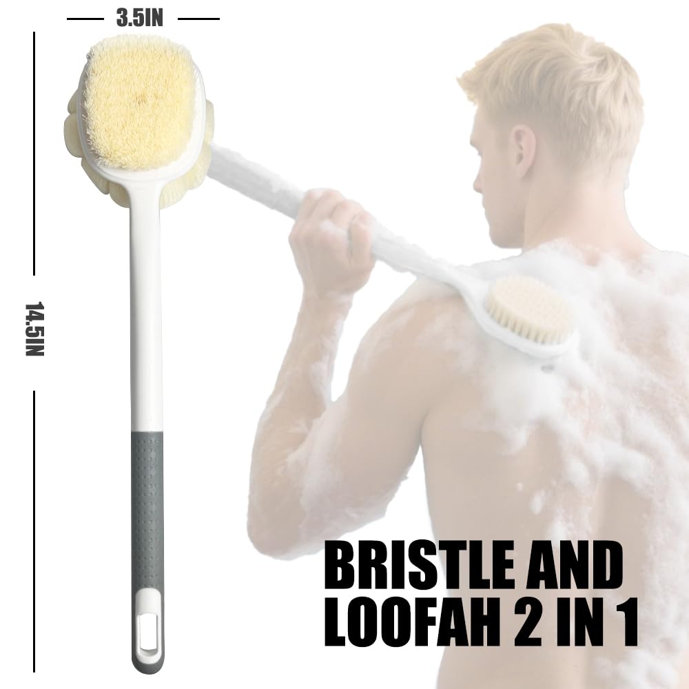 Shower Body Brush Soft Bristles and Loofah Long Handle Back Scrubber Bath Mesh Sponge Skin Exfoliating Men and Women (Green)