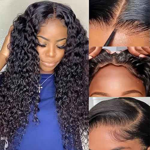 Water Wave Wear and Go Glueless Wigs Human Hair Pre Plucked Pre Cut 5 x 5 HD Lace Closure Wigs 200 Density Water Wave Lace Front Human Hair Wigs for Black Women Natural Black 20 Inch
