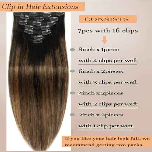 Dark Highlight Clip in Hair Extensions Ombre Real Human Hair Natural Black Mix Chestnut Brown 18 Inch 7pcs 120g Remy Human 16 Clips Ins Double Weft Straight Hair Extensions for Woman