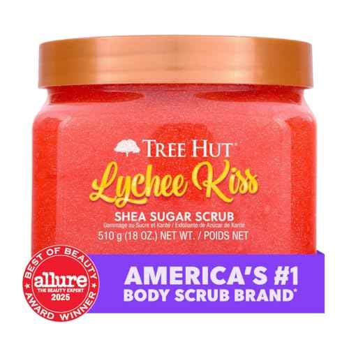 Tree Hut Lychee Kiss Shea Sugar Scrub, Exfoliating, Hydrating & Moisturizing Body Scrub with Shea Butter & Nourishing Essential Oils, Smooth & Soften Skin, 18 oz