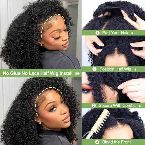 Kinky Curly Half Wig Human Hair 200 Density 3 In 1 Seamless Flip Over Drawstring Headband Wig Human Hair 22 Inch Wear and Go Glueless Wigs for Women Curly Half Human Hair Wig Beginner Friendly
