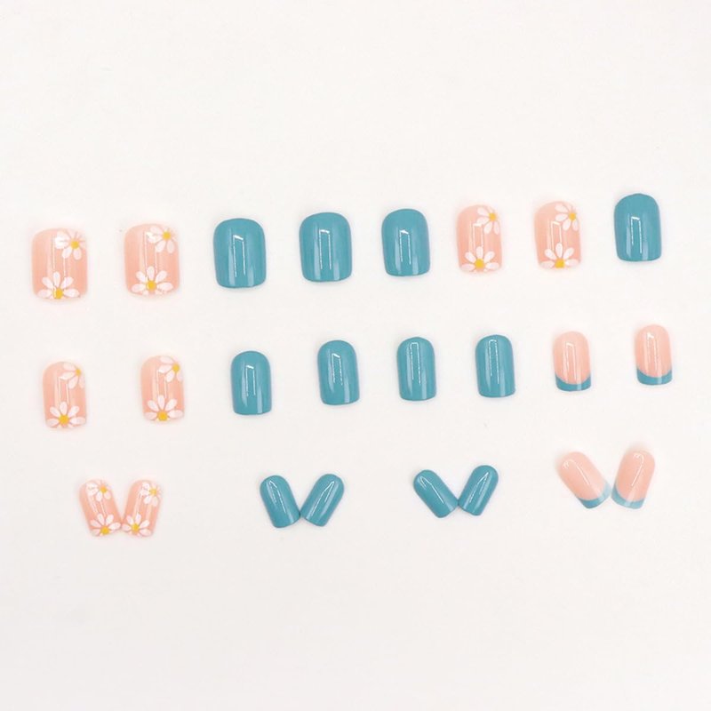 Press On Nails - Short Square Acrylic Nail Kit with Glossy Blue French Designs | 24 Pcs Full Cover Floral Stick-On Nails for Women