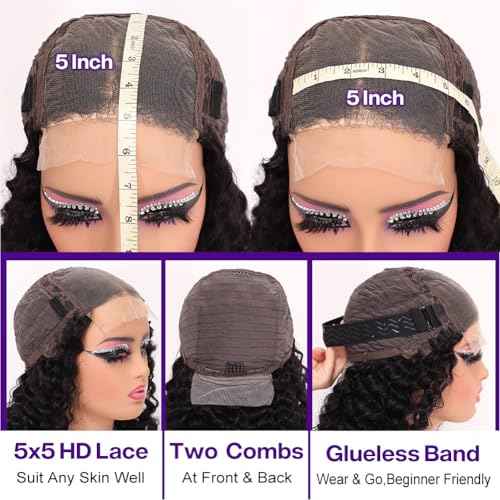 Curly BOB Wig Human Hair 200 Density 5x5 HD Lace Closure Deep Wave Wigs for Black Women Glueless Wear and Go Pre Plucked Deep Wave Wet and Wavy Glueless Wigs Human Hair Natural Black 18 Inch
