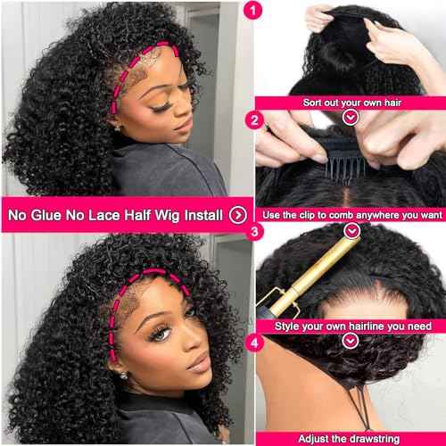 Kinky Curly Half Wig Human Hair Glueless Human Hair Wig 200 Density 3 In 1 Seamless Flip Over Half Wigs Human Hair Drawstring Headband Wig for Women 18 Inch