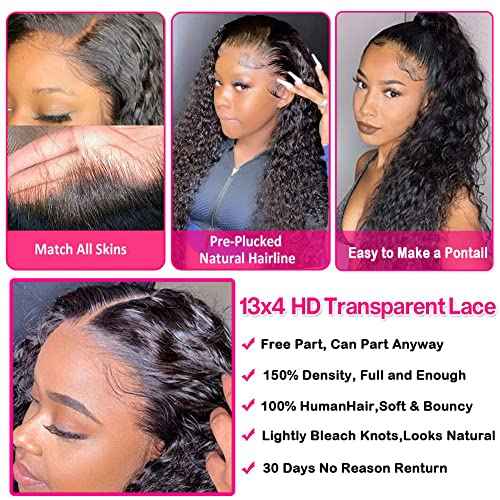 Lace Frontal Wigs Human Hair Water Wave Wig HD Transparent Lace Front Wigs Human Hair Wet and Wavy Virgin Hair Wigs Pre Plucked Hairline with Baby Hair Deep Wave Human Hair Wigs for Women 20