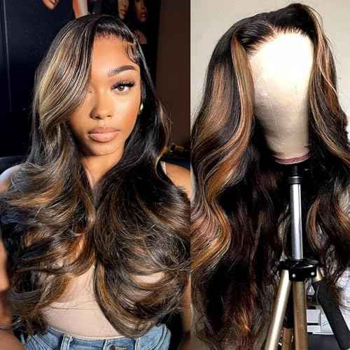 13x6 Body Wave 200% Density Highlight Ombre Lace Front Wig Human Hair Glueless 24 inch HD Transparent 1B/30 Honey Blonde Lace Frontal Wigs Human Hair Pre Plucked With Baby Hair