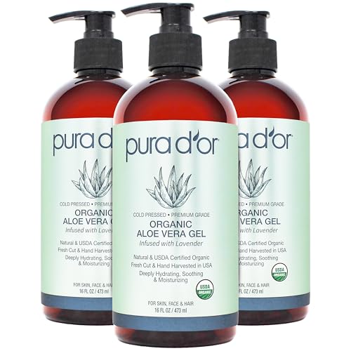 PURA D'OR ORGANIC Aloe Vera Gel Lavender (16 Oz X 3) All Natural - ZERO Artificial Preservatives - Deeply Hydrating & Moisturizing - Sunburn, Bug Bites, Rashes, Small Cuts, Eczema Relief - Skin & Hair