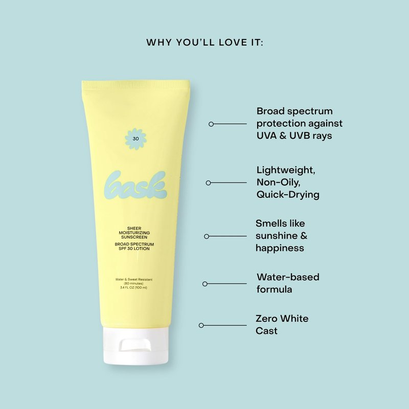 Bask SPF 30 Sheer Sunscreen Lotion - Hydrating, Lightweight & Non-Greasy | 3.4 fl oz Travel Size