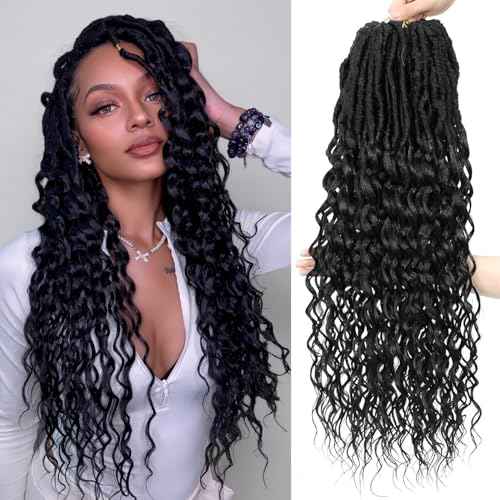 Deep Faux Locs Crochet Hair for Women Goddess Locs Crochet Hair Faux Locs with Curly Ends Boho Faux Pre Looped Deep Wavy Synthetic Hair Extension 18 Inch 8 Packs 1B#