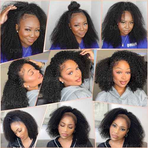 Domiso Afro Kinky Curly Half Wig with Drawstring Human Hair Wigs 3 In 1 Flip Over Half Wig Glueless Wig Elastic Band Clip in Human Hair Black Color Short Bob Wig14 Inch