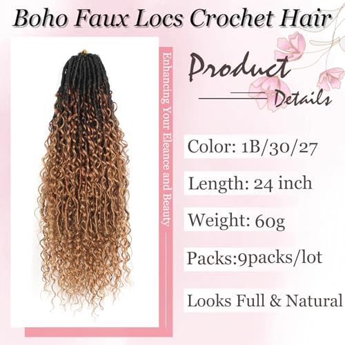 Boho Faux Locs Crochet Hair 9 Packs Long Goddess locs 24 Inch Boho Soft Locs With Curly Ends Pre Looped Bohemian River Loc Crochet Hair For Women (24 inch,1B/30/27)