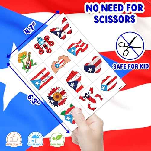 96 PCS Puerto Rico PR Puerto Rican Flag Pre-Cut Temporary Tattoos for Kids | Super Cute Themed Birthday Party Favors, Supplies, Decorations, Fake Tattoo Stickers (multiple)