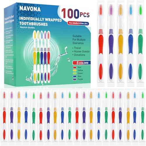 Navona 100 PCS Premium Individually Wrapped Bulk Toothbrush Pack, Disposable Toothbrushes, Kids Toothbrush, Medium Soft Bristle Toothbrushes, Ergonomics Handle, Perfect for Travel Hotel Donation