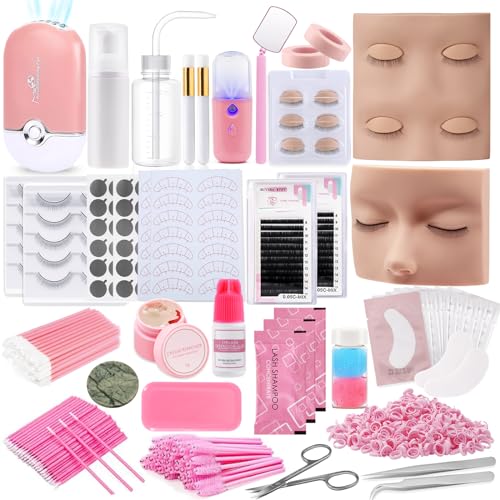 Pretty memory Eyelash Extension Kit for Beginners, 343 Pcs Lash Extension Kit with Everything Includes 2 Mannequin Heads Facial Mister Tweezers Glue USB Fan for Practice Training