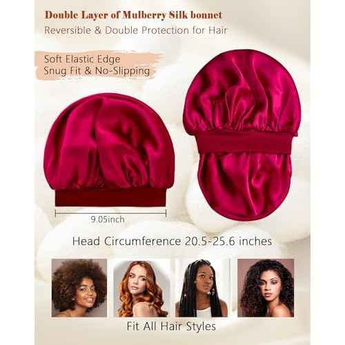 100% Mulberry Silk Bonnet for Sleeping Women, Real Pure Silk Bonnets, Double Layer Sleep Cap with Elastic Band for Curly Hair
