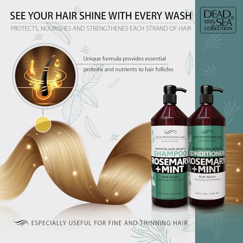 Dead Sea Collection Shampoo and Conditioner Set for Strengthening and Volume - Pure Dead Sea Minerals, Rosemary and Mint ? Hair Care - Nutrition, Repair and Shine - Pack of 2 (33.8 & 30.6 Fl. Oz)