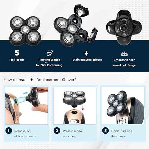 2 Pack Shaver Replacement Blades Compatible with Freedom Head Electric Razor Shaving, 5 Blades Shaver Replacement Heads for Head Shavers for Bald Men, Replacement Blades for Head Shaver Kit, 2 Brush