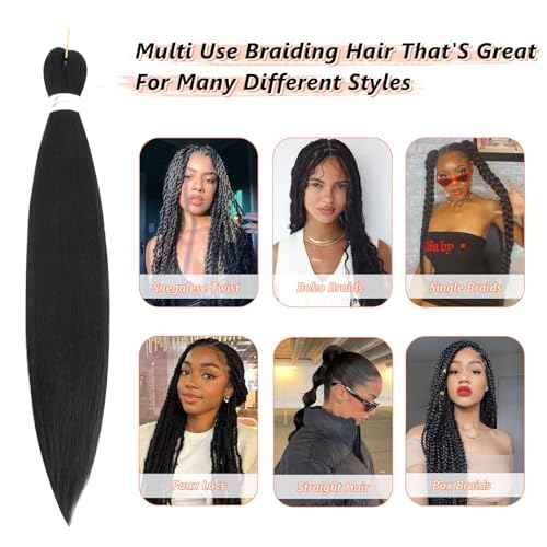 Braiding Hair Pre Stretched 24 Inch 8 Packs Pre Stretched Braiding Hair For Braiding Twist Hair For Crochet Braids Hot Water Setting Soft Yaki Texture(24Inch,1B)