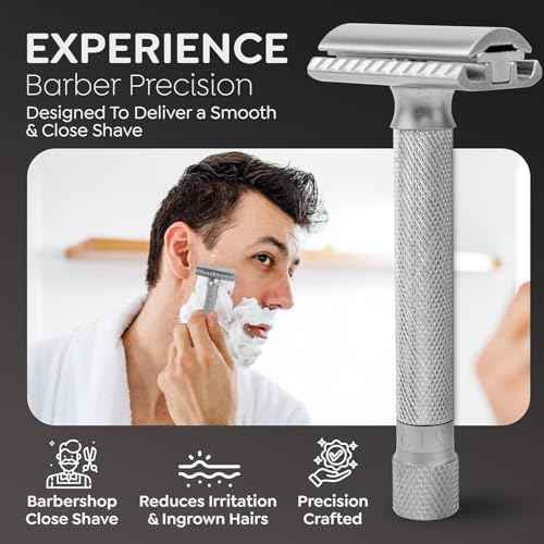 Parker THE VARIANT CLOSED COMB - ADJUSTABLE Double Edge Safety Razor, Customize your Shave with a Turn of the Dial from Mild to Aggressive - 5 Blades Included (SATIN CHROME)