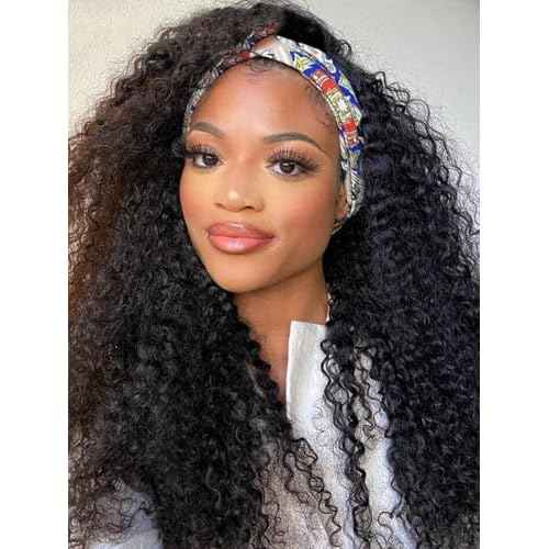 V SHOW Glueless Curly Headband Wig Human Hair 180% Density Thick Throw & Go Kinky Curly Headband Wigs for Women 18 Inch None Lace Front Wigs Wear and Go Glueless Human Hair Wigs