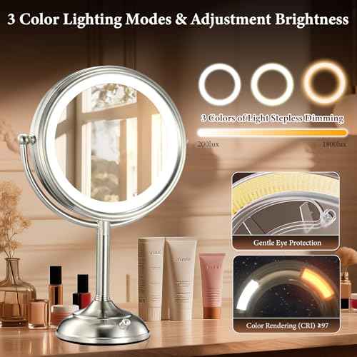 VESAUR 2025 9.3" Large 5000mAh Rechargeable Lighted Makeup Mirror Nickel, 1X/10X/20X HD Magnifying Mirror with Compact Suction, 3 Color Dimmable Light, 360¡ÆSwivel Seamless Vanity, Gift Box