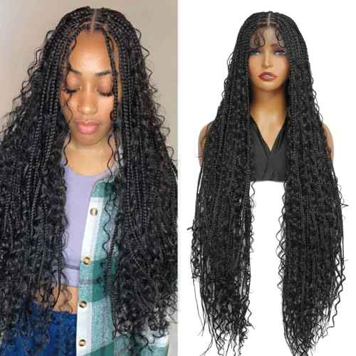 SUPERNOVA Knotless Boho Box Braided Wigs For Black Women 36inch Square Knotless Full Lace Box Braid Wig Goddess Braided Wig With Baby Hair Bohemian Curly Ends Synthetic Boho Braids Wig (36 Inch)
