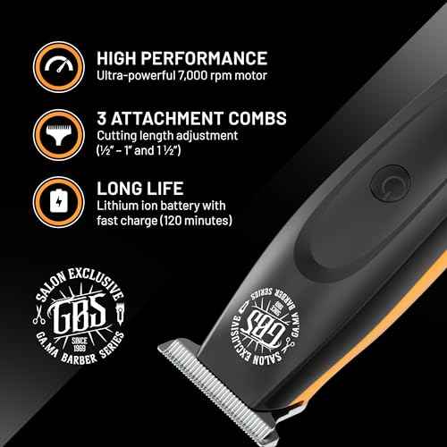 GA.MA Italy Absolute Action T-Blade Trimmer, Corded or Cordless Outliner, DLC Balding Blade, 7000 RPM Motor, Lithium Battery, 3 Combs