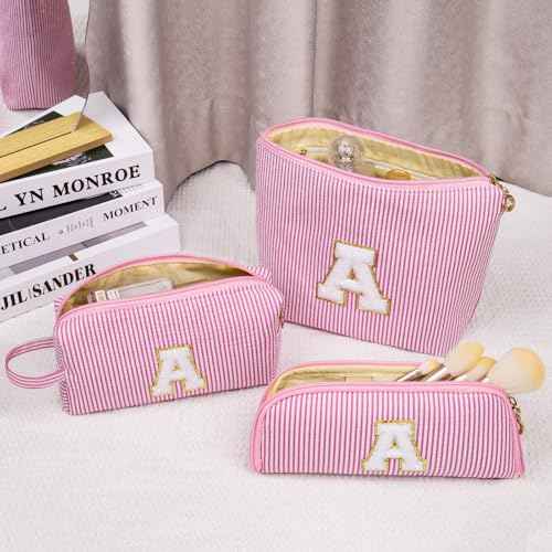 Initials Makeup Bag Set, Personalized Purple Cosmetic Bag, Cute Large Make up Bags, Travel Toiletry Bag for Women Girl Gifts A (Purple)