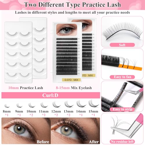 Lashes Kit for Eyelash Extension Beginner Lash Tech Starter Kit with Eye Lash Mannequin Head, Professional Eyelash Extension Kit with Lash Fan, Extension Glue and Eyelash Remover for Practice Training