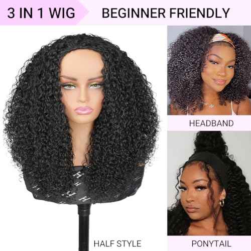 SUPERNOVA Curly Half Wig Human Hair 200 Density 3 In 1 Seamless Flip Over Glueless Wear And Go Beginner Friendly Kinky Curly Human Hair Half Wig With Drawstring Headband Wigs For Women 16 Inch
