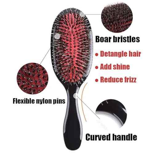 Boar Bristle Detangling Paddle Hair Brush and Comb Set for Women Men, Anti-frizz Styling Hairbrush for Curly Fine Wavy Natural Tangled Hair, Boar Nylon Bristle Cushioned Brush