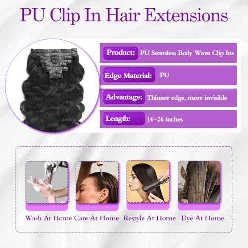 Seamless Body Wave Clip Ins Human Hair Extensions Invisible Weft Clip In Hair Extensions Real Human Hair 24Inch 8Pcs PU Clip ins Remy Hair for Women 18Clips 120g Natural Black