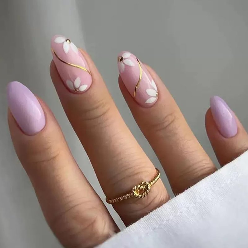 Skiennix Flower Press On Nails - Medium Almond French Tip Design - 144 Pcs Full Cover Glossy Acrylic