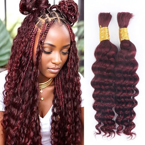 Deep Curly Human Braiding Hair for Boho Braids Burgundy Deep Water Wave Human Hair Braiding Hair No Weft Hair Bundles for Bohemian Knotless Braids 20 22 Inch Bulk Human Hair for Braiding 50g/Bundle