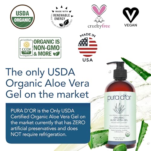 PURA D'OR ORGANIC Aloe Vera Gel Lavender (16 Oz X 3) All Natural - ZERO Artificial Preservatives - Deeply Hydrating & Moisturizing - Sunburn, Bug Bites, Rashes, Small Cuts, Eczema Relief - Skin & Hair