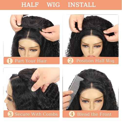 Half Wig Human Hair Deep Wave 3 In 1 Half Wigs for Black Women 200% Density Wear and Go Glueless Wigs Human Hair Drawstring Ponytail Seamless Flip Over No Lace Headband Wig Beginner Friendly 16 Inch