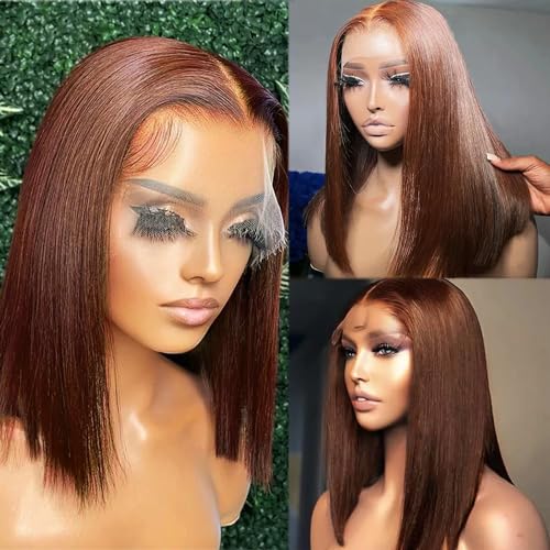 Glueless Bob Wig Human Hair Pre Plucked 14 Inch 13x4 Lace Front Bob Wig Human Hair Glueless Wigs for Black Women Straight Chocolate Brown Lace Frontal Wig 180% Density Colored Human Hair Wig Bob