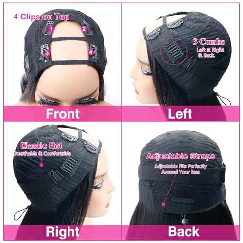 200% Density U Part Human Hair Wigs, Upgrade U Part Wigs With Drawstring No Glues Straight Human Hair Full Head Clip In Half U Shape Wigs For Women, Beginner Friendly,Natural Black Color(16 inch)