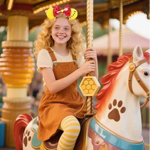 Golden Yellow Mouse Ears Headband, Red Sequin Bow with Honeycomb Accents for Theme Parks & Birthday Parties