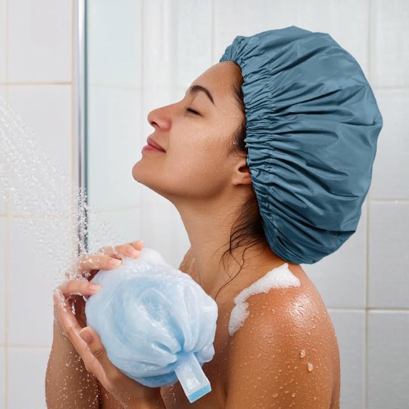 Reusable Shower Cap for Women - Large Waterproof Hair Bonnet with Elastic Band | Ideal for Long, Curly Hair - Haze Blue