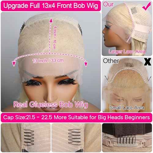 Honey Blonde Bob Wig Human Hair 13x4 HD Lace Frontal Glueless Wigs Human Hair for Black Women 180 Density Pre Plucked 100% Brazilian Virgin Blonde Wigs Human Hair - 14 Inch Skinlike 613 Bob Wig