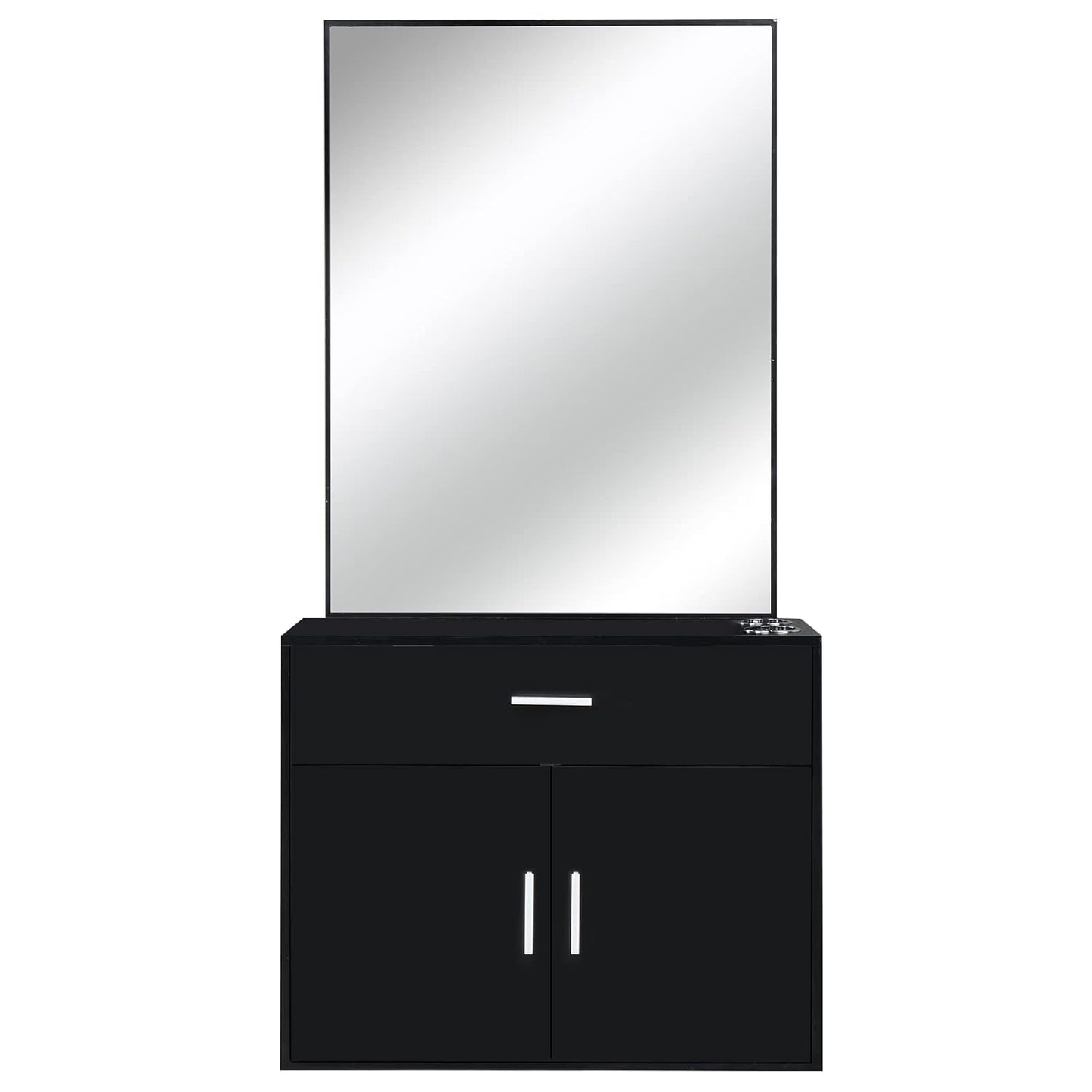 Wall Mount Salon Station - Stylish Barber Station with Mirror, Storage Cabinet & 2 Hair Dryer Holders | Black