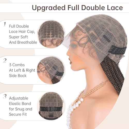 Box Braided Wig Full Double Lace Glueless Braids Wig with Baby Hair Human Hair Blended Synthetic Black Braided Wig for Black Women (1B30, 28 Inch)