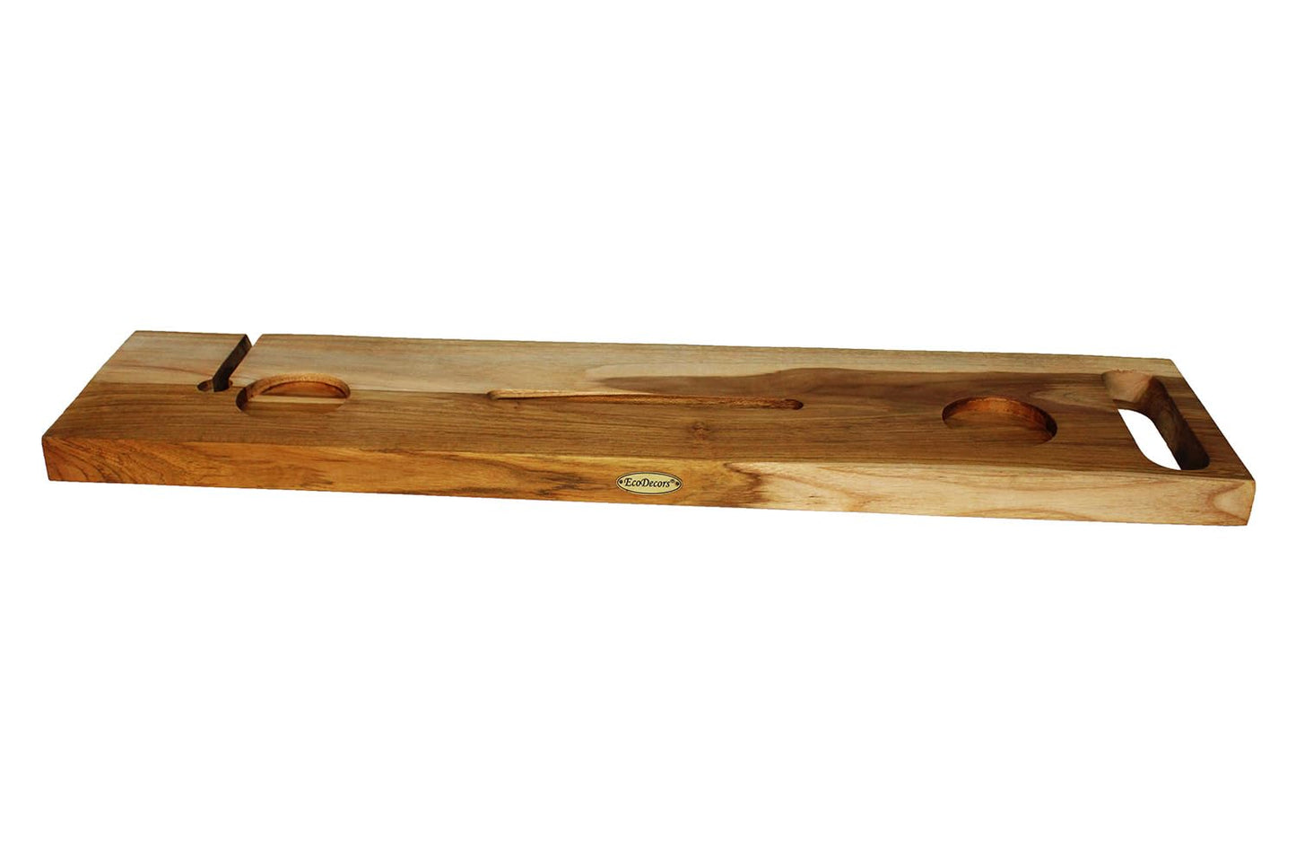 EcoDecors Eleganto 36" Live Edge Solid Teak Bath Caddy Tray with Handle, Book & Tablet Holder, Wine Glass Holders, Luxury Bathtub Tray